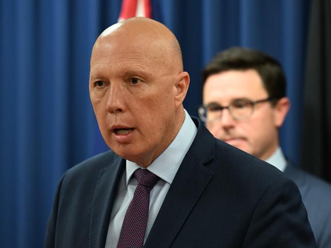 05/06/2022: Opposition leader Peter Dutton and leader of the National party David Littleproud announce the members of the shadow cabinet at the Comm Gov offices in, Brisbane. Lyndon Mechielsen/The Australian