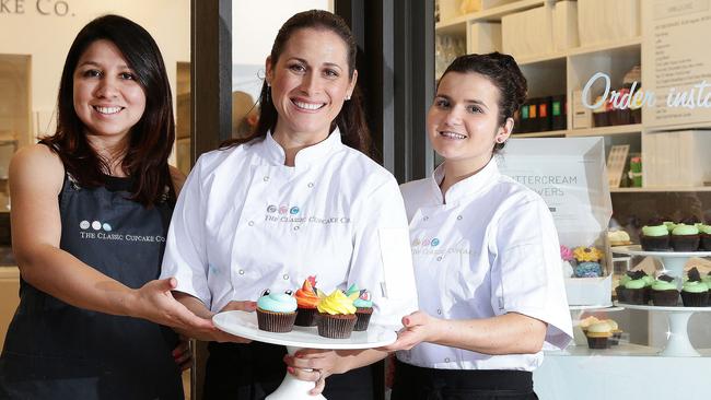 The Classic Cupcake Co. in Mosman has created Pokemon-inspired cupcakes. Pictured, Josselyn Cortes, owner Anna Eden and Ally Zaitzev in Mosman. Picture: Virginia Young