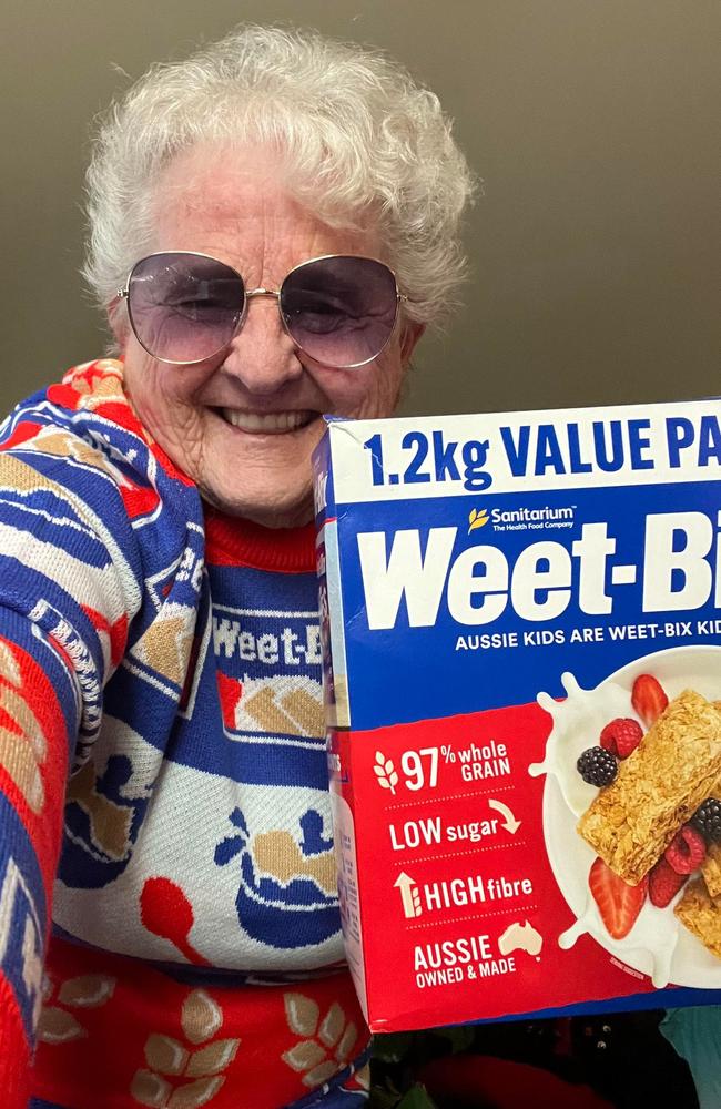 Australia’s oldest Weet-Bix kid, 97-year-old Jenny Menzies said she likes hers flat in a bowl. Picture: Supplied