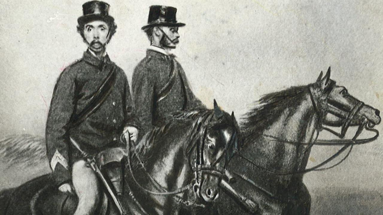 A drawing of 1860s escort police, who rode with gold transports to try to stop bushrangers.