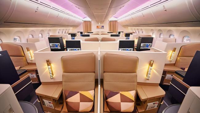 Etihad business class cabin on the Boeing 787-9 Dreamliner.