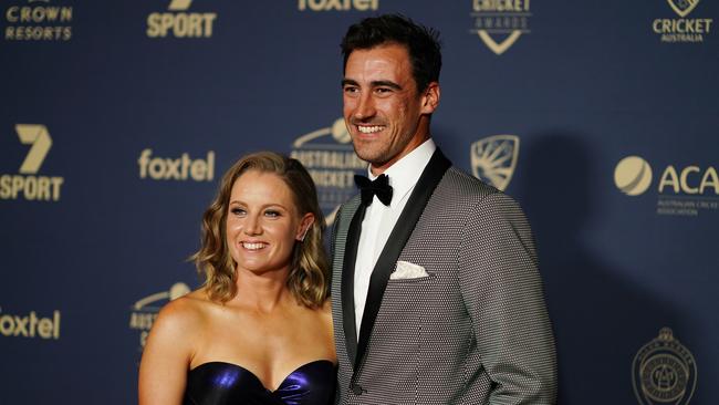 Mitchell Starc and Alyssa Healy arrive to attend the 2020 Australian Cricket Awards. AAP Image/Scott Barbour.