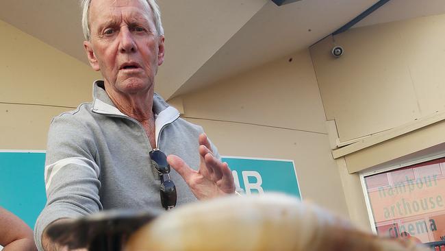 Actor Paul Hogan barbecues prawns at Nambour Civic Centre, reprising his famous 1984 tourism commercial. Picture: Glenn Barnes