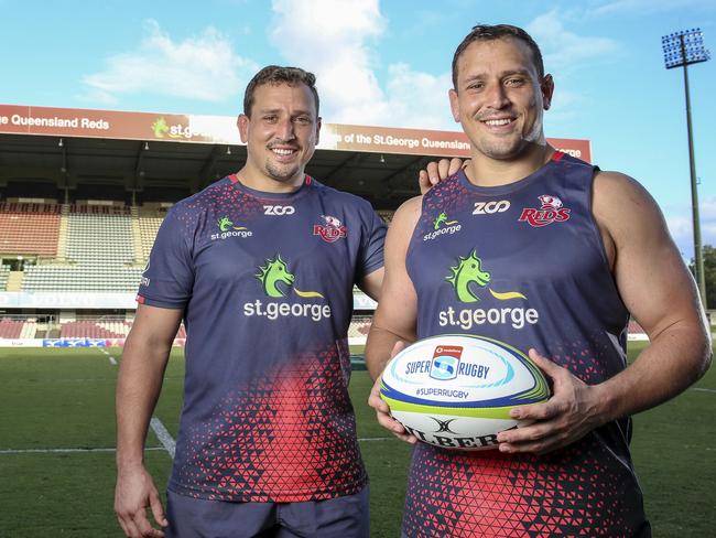 Supplied image of QLD Reds twins and fellow props JP (left) and Ruan Smith. Photo: Brendan Hertel, QRU