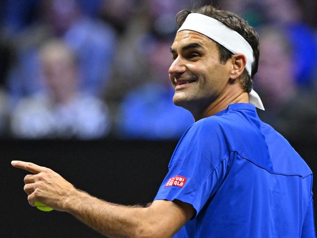 Switzerland's Roger Federer playing with Spain's Rafael Nadal of Team Europe reacts in their game against USA's Jack Sock and USA's Frances Tiafoe of Team World during their 2022 Laver Cup men's doubles tennis match at the O2 Arena in London on September 23, 2022. - Roger Federer brings the curtain down on his spectacular career in a "super special" match alongside long-time rival Rafael Nadal at the Laver Cup in London on Friday. (Photo by Glyn KIRK / AFP) / RESTRICTED TO EDITORIAL USE