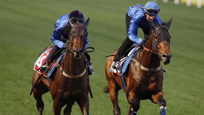 NCA. MELBOURNE, AUSTRALIA. October 21, 2024. RACING.  Mooney Valley Breakfast with the Best track gallops.  Broadsiding ridden by Jamie Kay (black cap) works with Adinath during this mornings track work session at Mooney Valley   .  Pic : Michael Klein