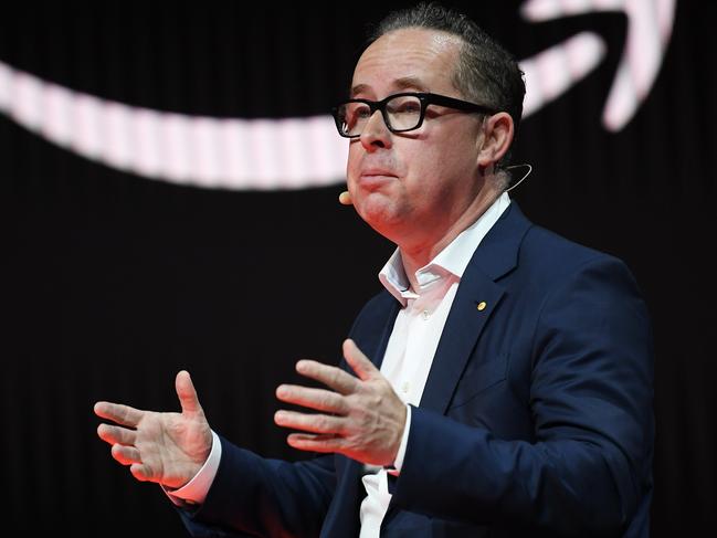 QANTAS CEO Alan Joyce speaking at the opening of the Amazon Web Services Summit in Sydney, Tuesday, April 30, 2019. (AAP Image/Dean Lewins) NO ARCHIVING