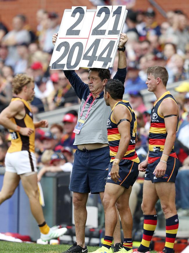 Adelaide’s Phil Harper tries to direct traffic on the boundary line. Picture: Sarah Reed