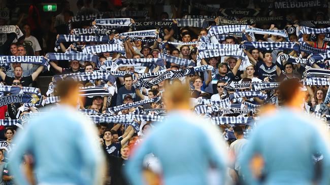 Victory fans show their support during the Round 20 match between Melbourne Victory and Melbourne City at Marvel Stadium last month. Picture: Michael Dodge/Getty Images