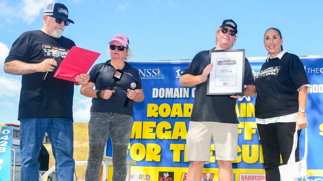 NSS general manager Mark George receiving an award for being the main sponsor of The Convoy For The Cure 2025, which seeks to find a cure for brain cancer in children. Picture: Scott Radford-Chisholm.