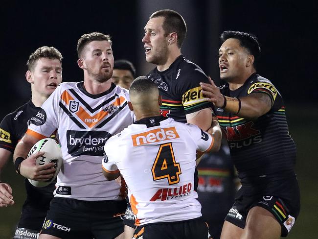 Penrith's Isaah Yeo concussed during NRL match between the Penrith Panthers and Wests Tigers at Penrith Stadium. Picture. Phil Hillyard