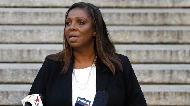 New York Attorney-General Letitia James outside New York Supreme Court before Donald Trump's civil business fraud trial on Monday. Picture: AFP