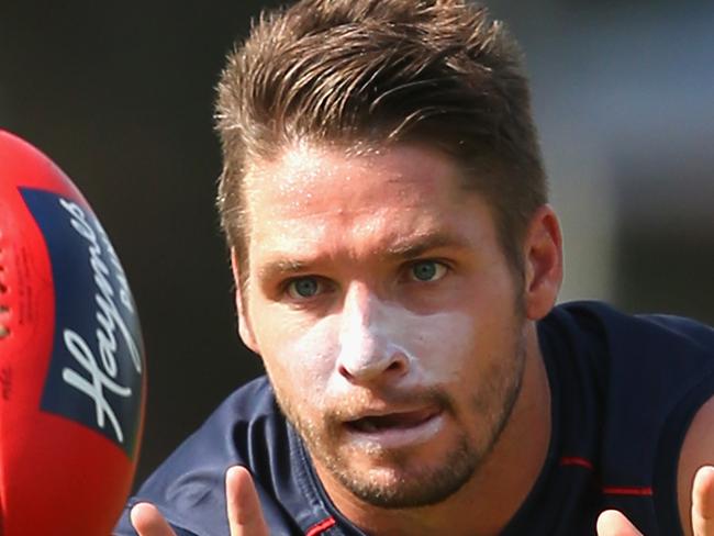 MELBOURNE, AUSTRALIA - FEBRUARY 23: Jesse Hogan of the Demons marks during a Melbourne Demons AFL training session at AAMI Park on February 23, 2016 in Melbourne, Australia. (Photo by Quinn Rooney/Getty Images)