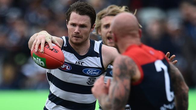 Patrick Dangerfield in action against Melbourne in Round 23.