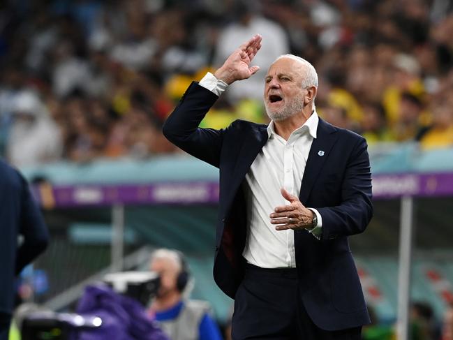 AL WAKRAH, QATAR - NOVEMBER 30: Graham Arnold, Head Coach of Australia, reacts on during the FIFA World Cup Qatar 2022 Group D match between Australia and Denmark at Al Janoub Stadium on November 30, 2022 in Al Wakrah, Qatar. (Photo by Claudio Villa/Getty Images)