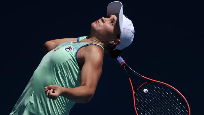 Ash Barty winds up a serve in her straight-sets win. Picture: Michael Klein