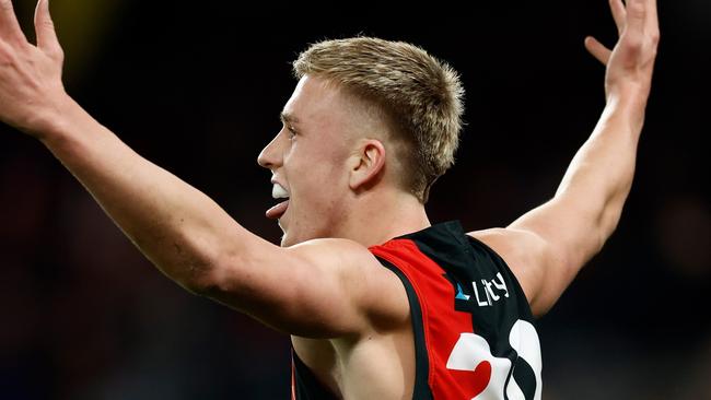 No. 10 pick Nate Caddy booted his first AFL goal against West Coast at Marvel Stadium on Sunday. Picture: Michael Willson / Getty Images