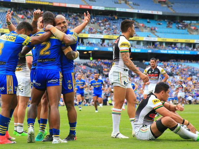 The Eels celebrate a Semi Radradra try. pic Mark Evans