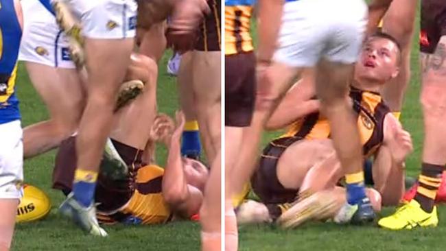 Jack Ginnivan lashed out right in front of the umpire. Photo: Fox Footy.