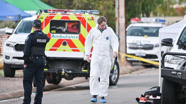 Police outside a home in Symons St, Crystal Brook, where two police officers were stabbed and a person shot and killed. Picture: NCA NewsWire / Brenton Edwards