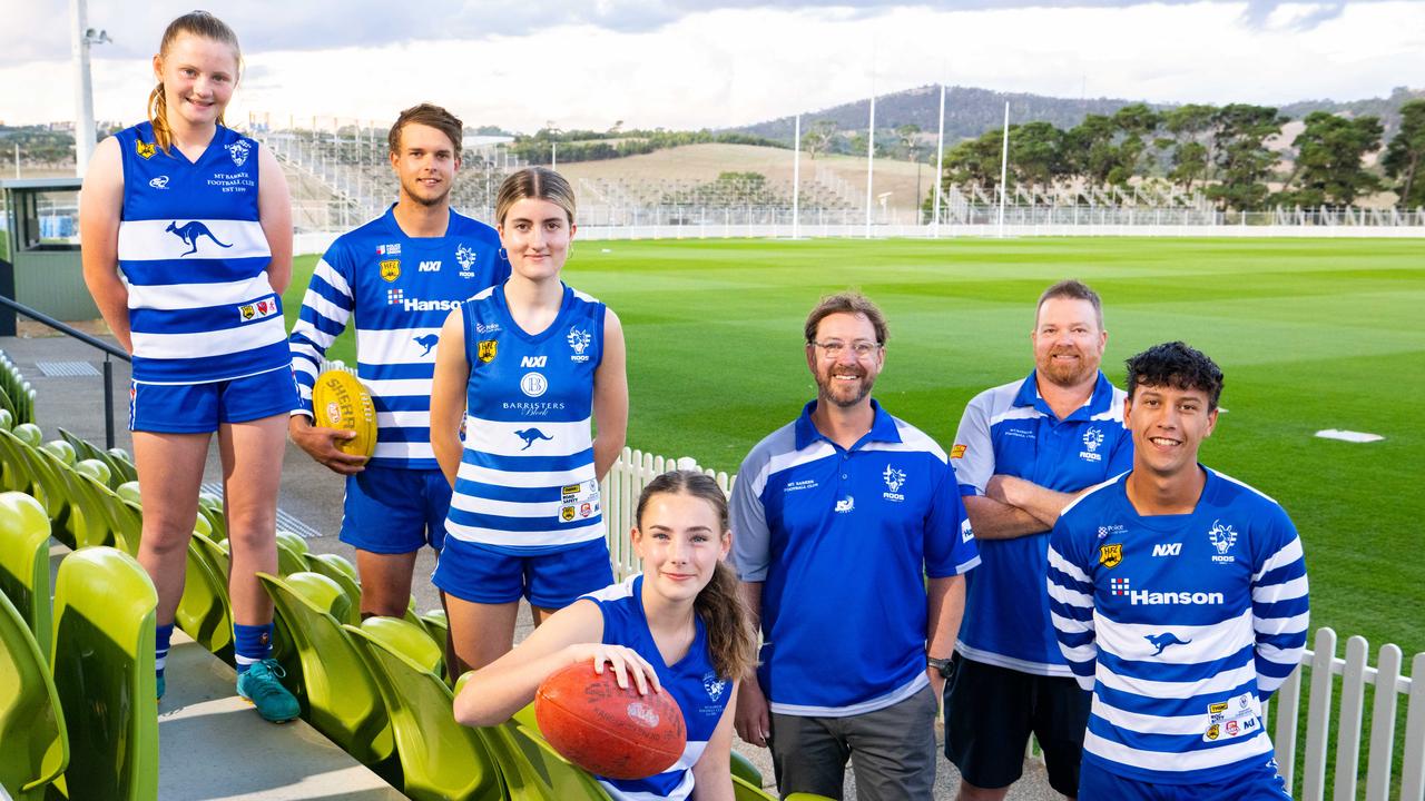 Mount Barker Football Club players Emma Faber-Paul, Jordan Houlahan, Jardel Barker, Taya Rogers, club president Matt Schultz, senior coach Daniel Lackenby and player Samuel Callins at the football ground in Mount Barker on April 6, 2023. Picture: Morgan Sette