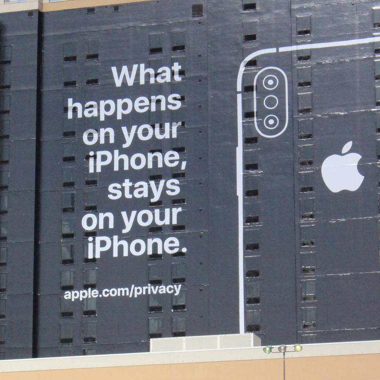 An Apple ad at the Consumer Electronics Show in 2019, which was the entirety of Apple’s presence at the exhibition. Picture: Glenn Chapman / AFP