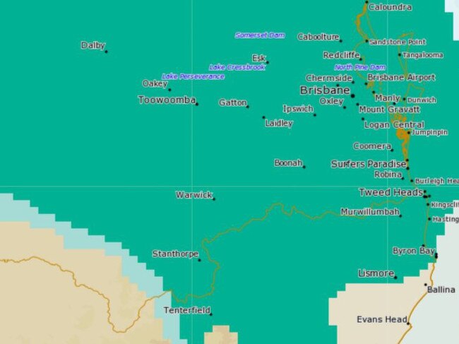 The Bureau of Meteorology is predicting the chance of heavy showers across the Southern and Darling Downs, and high winds with possibly large hail across parts of the South East. Photo: BOM MetEye