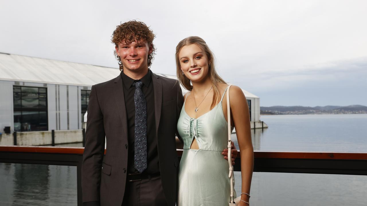 Oliver Vince and Mia Reardon. Fahan School leavers dinner 2023 at Franklin Wharf. Picture: Nikki Davis-Jones