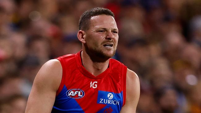 ADELAIDE, AUSTRALIA - APRIL 04: Steven May of the Demons in action during the 2024 AFL Round 04 match between the Adelaide Crows and the Melbourne Demons at Adelaide Oval on April 04, 2024 in Adelaide, Australia. (Photo by Michael Willson/AFL Photos via Getty Images)