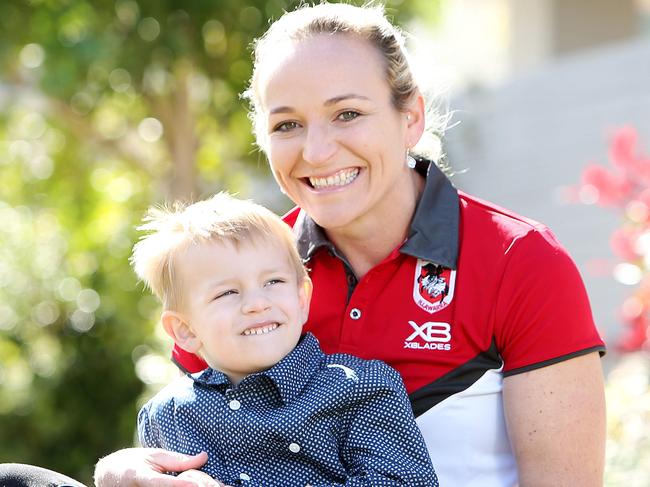 SUNDAY TELEGRAPH - Pictured in Wollongong today is Womens Rugby League St George Illawarra Dragons player Kate Haren and her 3 year old son Ollie. Picture: Tim Hunter.