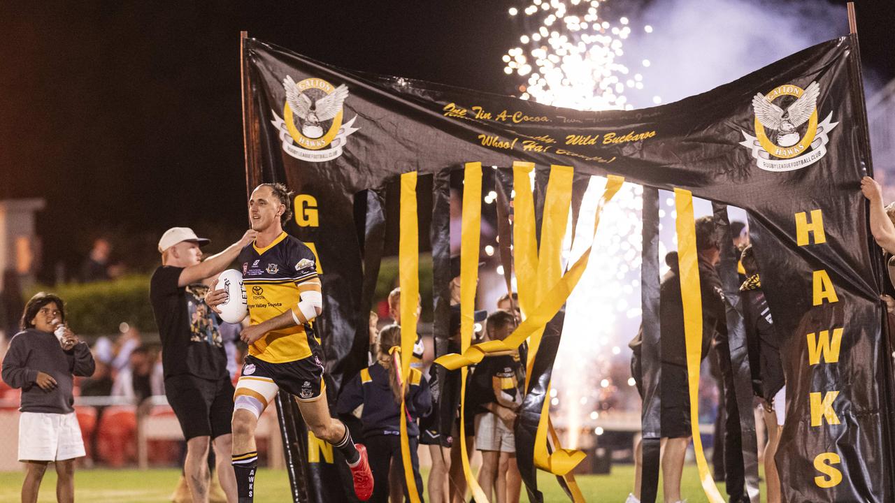 Luke Self runs out for Gatton against Valleys in TRL Hutchinson Builders A-grade grand final rugby league at Toowoomba Sports Ground, Saturday, September 14, 2024. Picture: Kevin Farmer