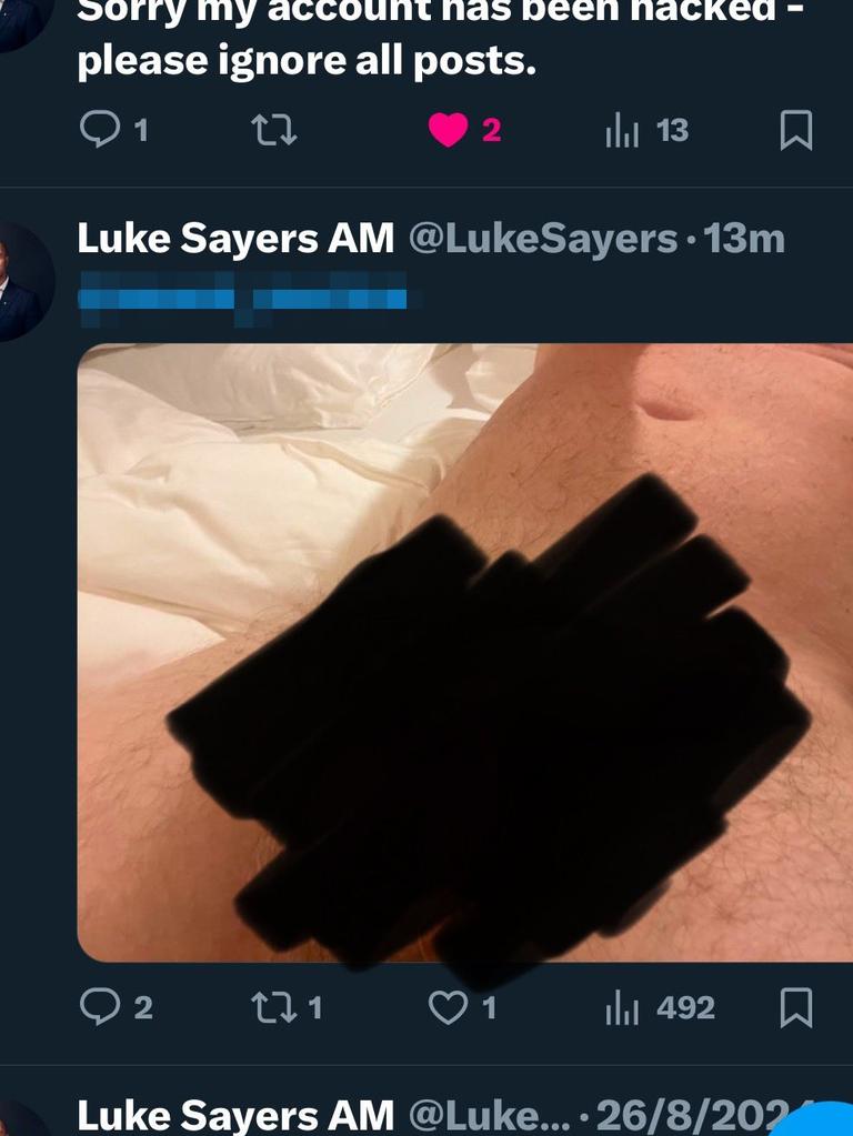 A lewd image that appeared on the X account of Luke Sayers. Sayers contends that his account was hacked and has since deleted his X account