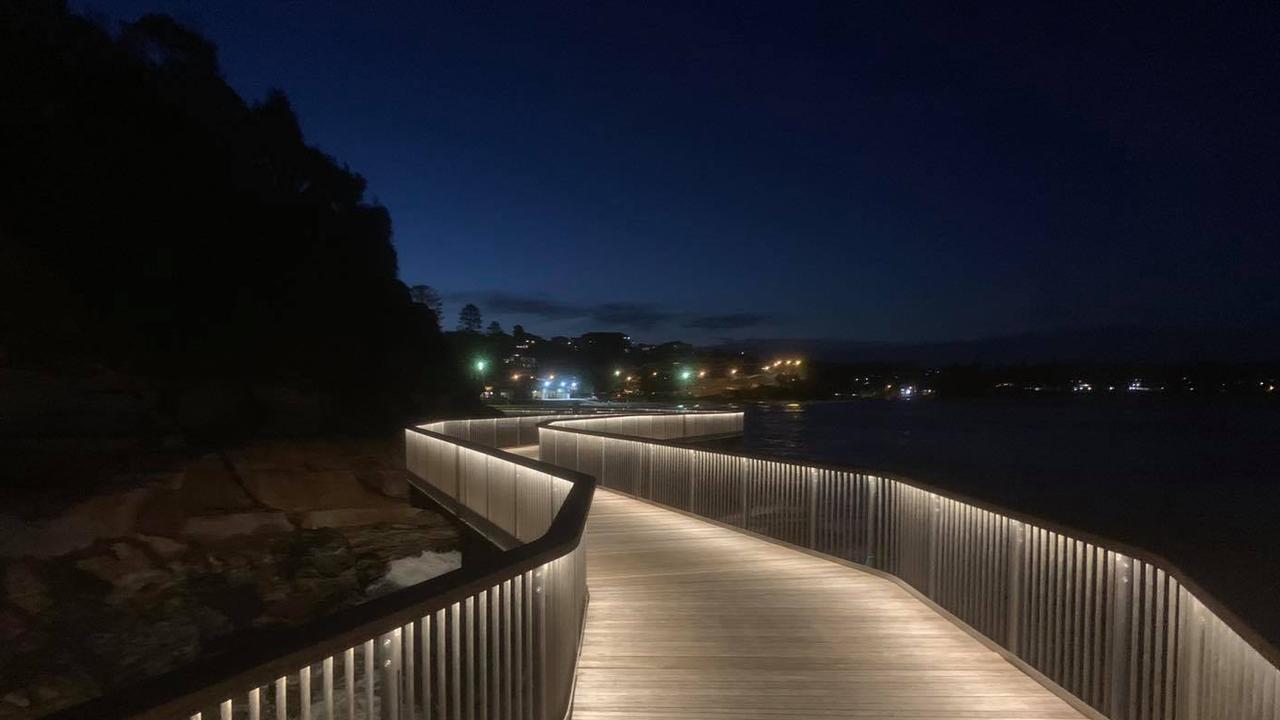 An image of of Terrigal Boardwalk at night. It’s an example of what the proposed GKI boardwalks might look like.