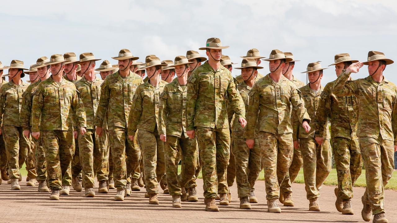 Diggers on parade at Robertson Barracks. Picture GLENN CAMPBELL