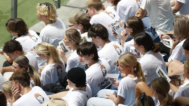 Some of Balin Stewart’s friends at his funeral at Sunshine Coast Stadium. Picture: Lachie Millard