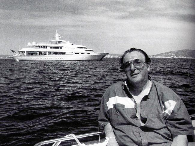 Robert Maxwell with his $19 million yacht The Lady Ghislaine in the background