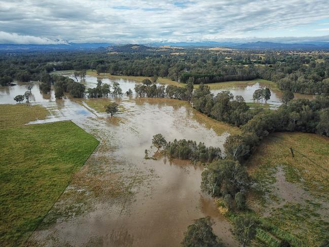 Flooded farmland in Everton, between Wangaratta and Myrtleford. Picture: Alex Coppel