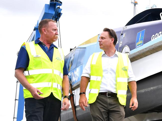 Lord Mayor Adrian Schrinner provides an update on preparations for Tropical Cyclone Alfred. CityCats being lifted out of the water and into the yardTuesday March 4, 2025. Picture, John Gass