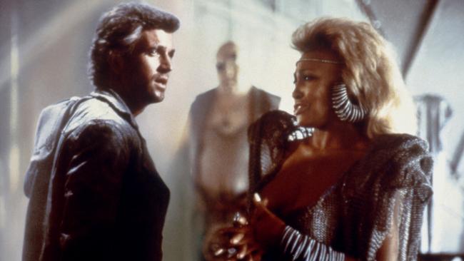 American actor Mel Gibson and actress and singer Tina Turner on the set of Mad Max Beyond Thunderdome, directed by George Miller and George Ogilvie.