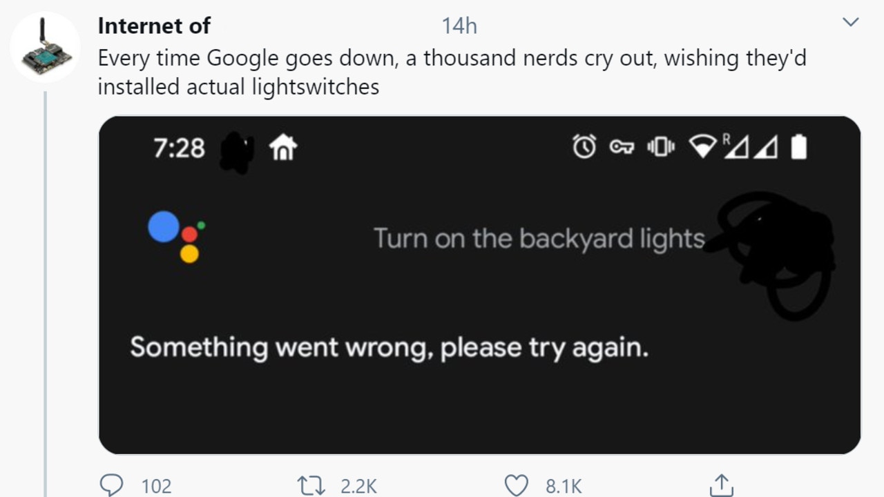 A Twitter account that pokes fun at the Internet of Things of course had a field day with the outage. Its name has been slightly censored to remove profanity.