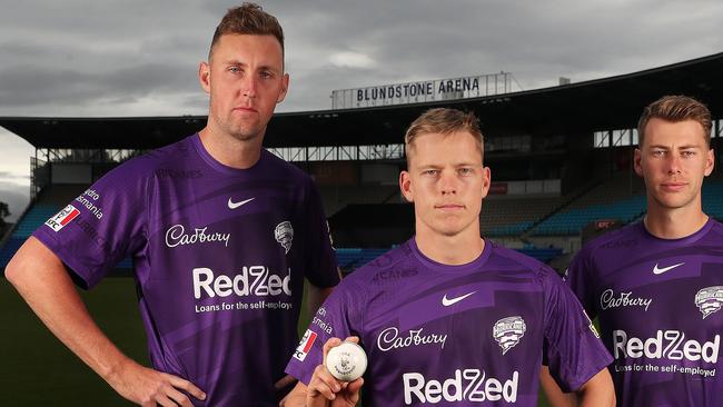 Hobart Hurricanes player Billy Stanlake with teammates Nathan Ellis and Riley Meredith. Picture: Nikki Davis-Jones