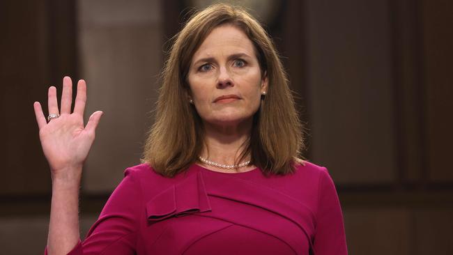 US Supreme Court nominee Judge Amy Coney Barrett is sworn into her Senate Judiciary Committee confirmation hearing on Capitol Hill in Washington on Tuesday. Picture: AFP