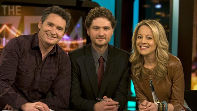 The original team of The Project: Dave Hughes, Charlie Pickering and Carrie Bickmore on the set.