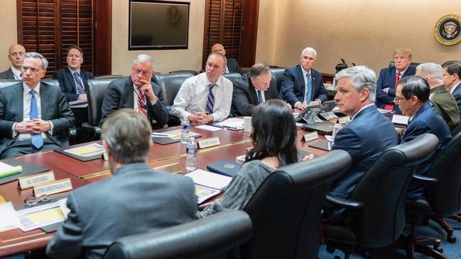 Donald Trump and his national security team in the Situation Room after the Iranian attack. Picture: The White House