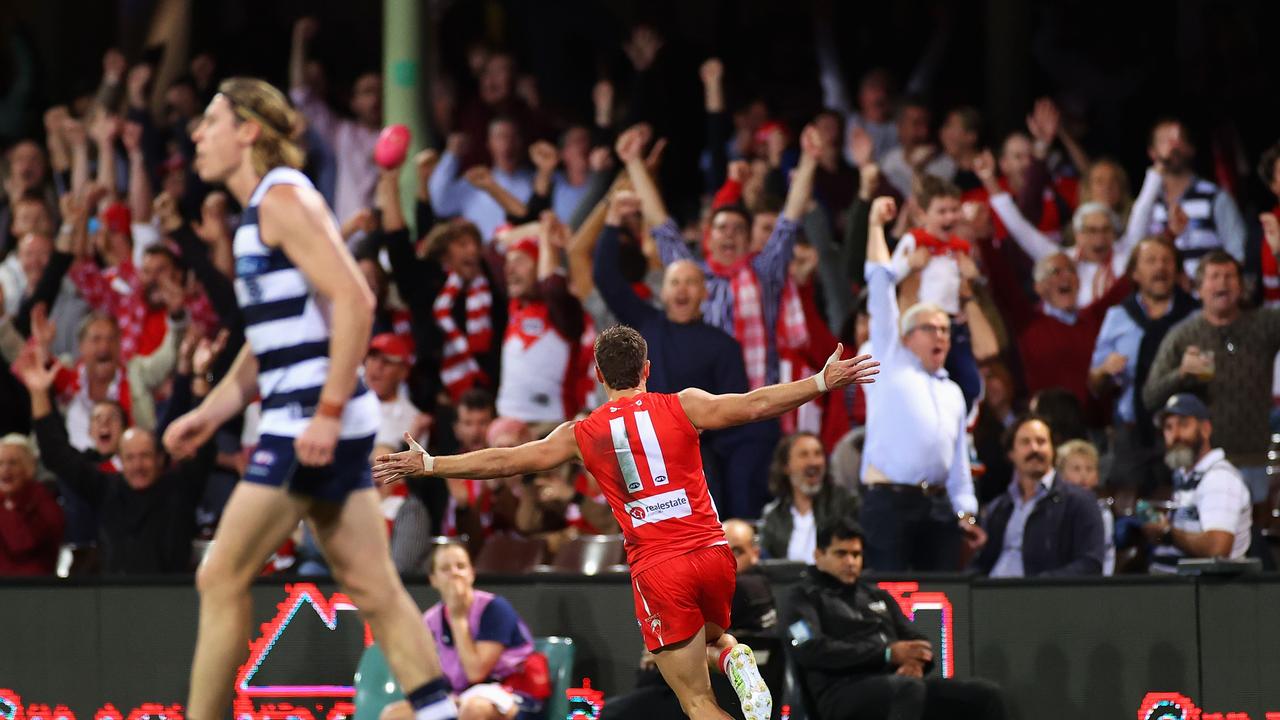 Tom Papley celebrates to the crowd after his match-winning goal at the death. Picture: Cameron Spencer/Getty Images