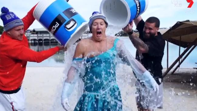 Melbourne Storm coach Craig Bellamy did the Big Freeze dressed as Elsa from Frozen. Picture: Seven News