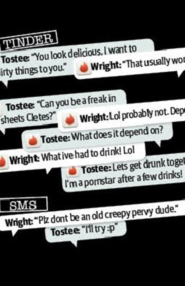 Gable Tostee's Tinder messages with Warriena Wright. Picture: Courier Mail