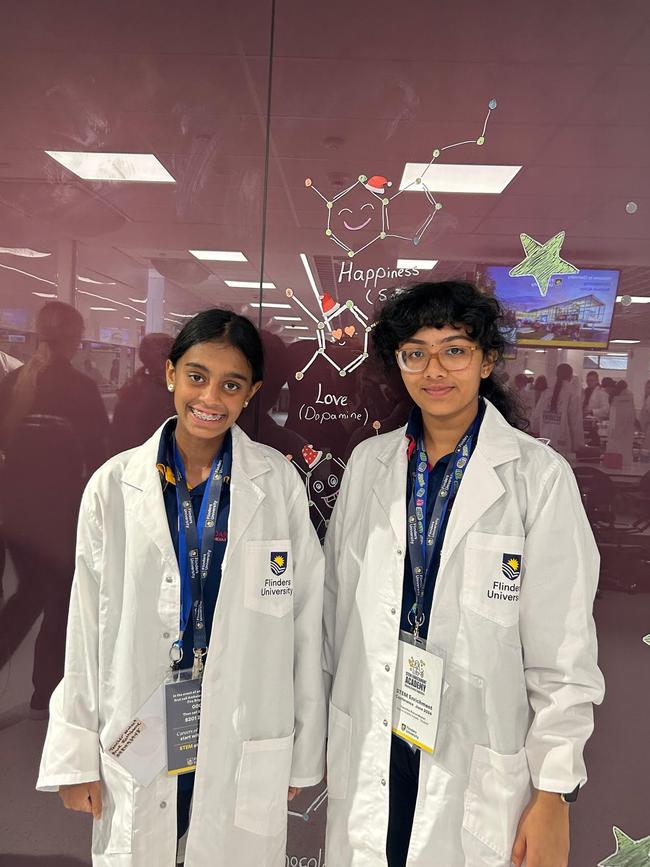 Darwin Middle School students Alisha Perera and Samritha Bharanidharan at the Flinders University STEM academy.