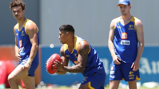 Tim Kelly in action at West Coast pre-season training. Picture: Paul Kane/Getty