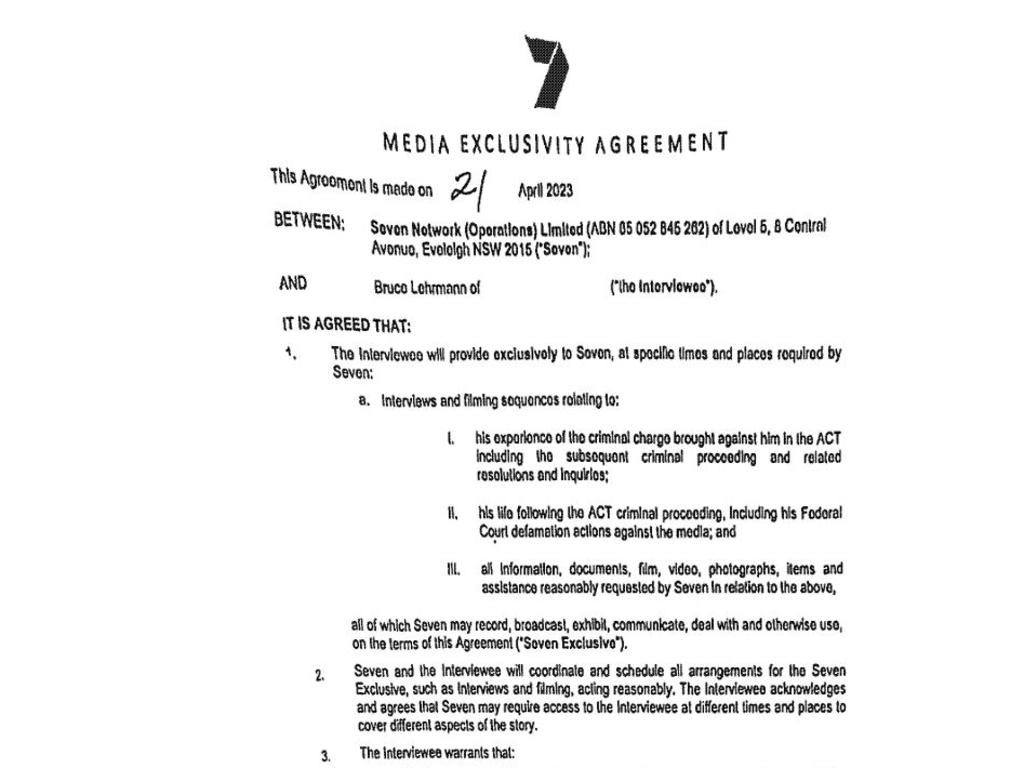 The exclusivity contract between Seven and Mr Lehrmann. Picture: Supplied